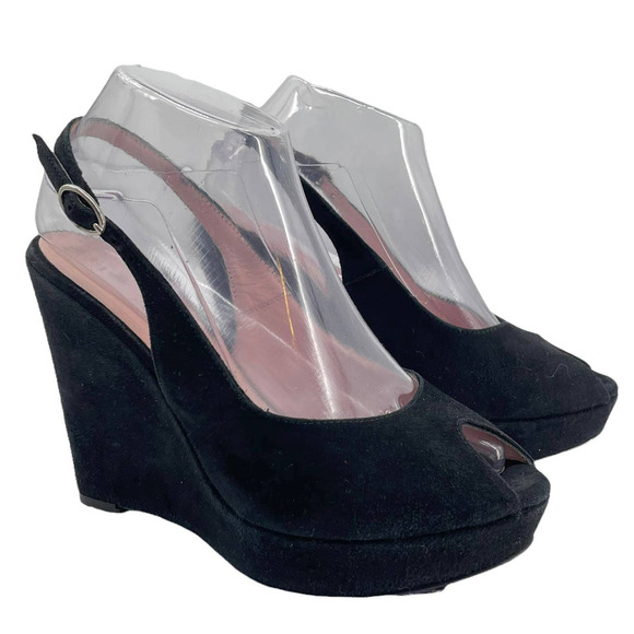 Vintage Davos Gomma Platform Wedge Heels Slingback Peep Toe Black Suede NEW 7.5 - Picture 2 of 11